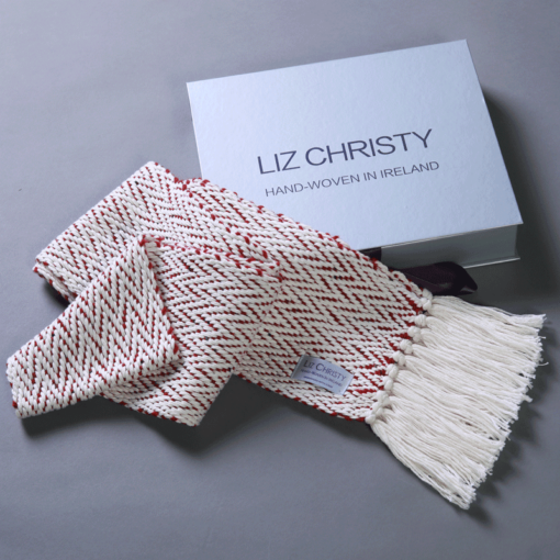 liz-christy-ancient-civilizations-herringbone-scarf-raphoe-red